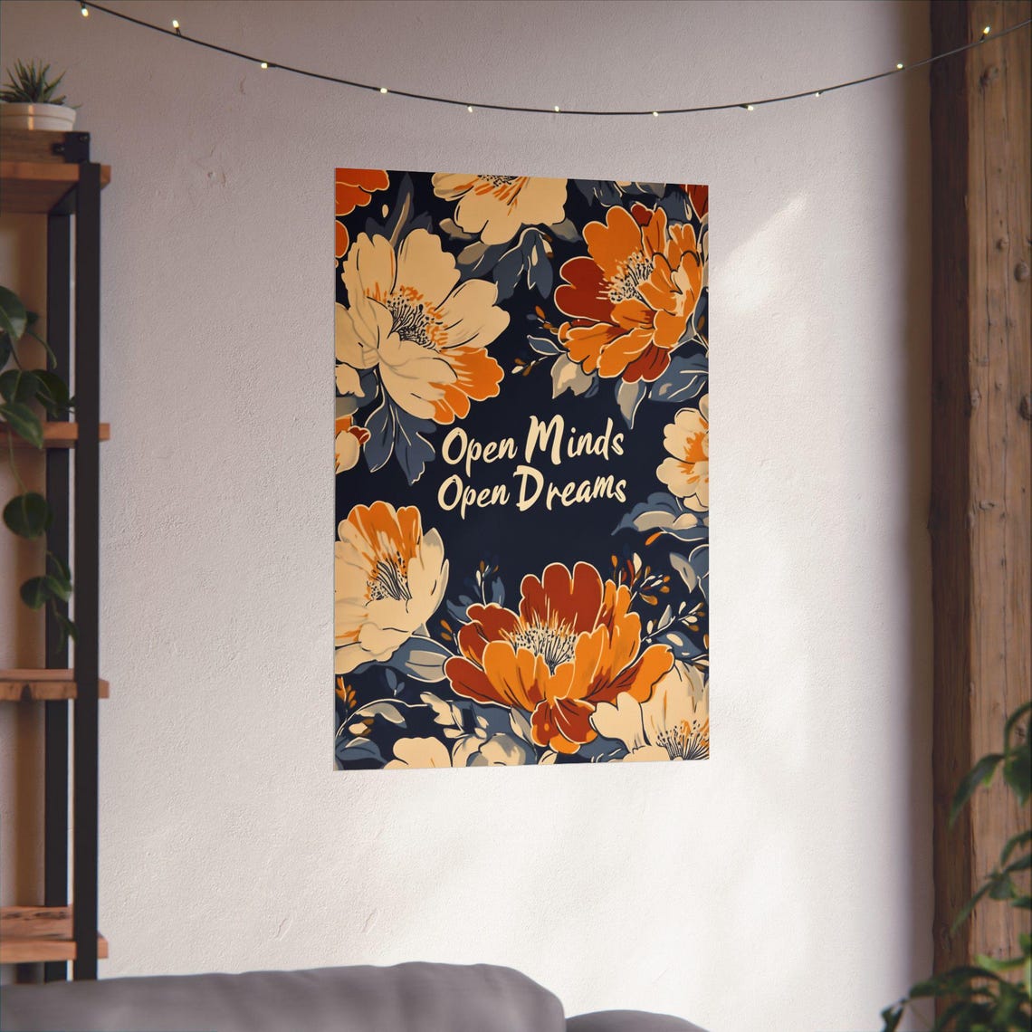 Open Minds Open Dreams Inspirational Dark Moody Floral Art Poster - Image 3
