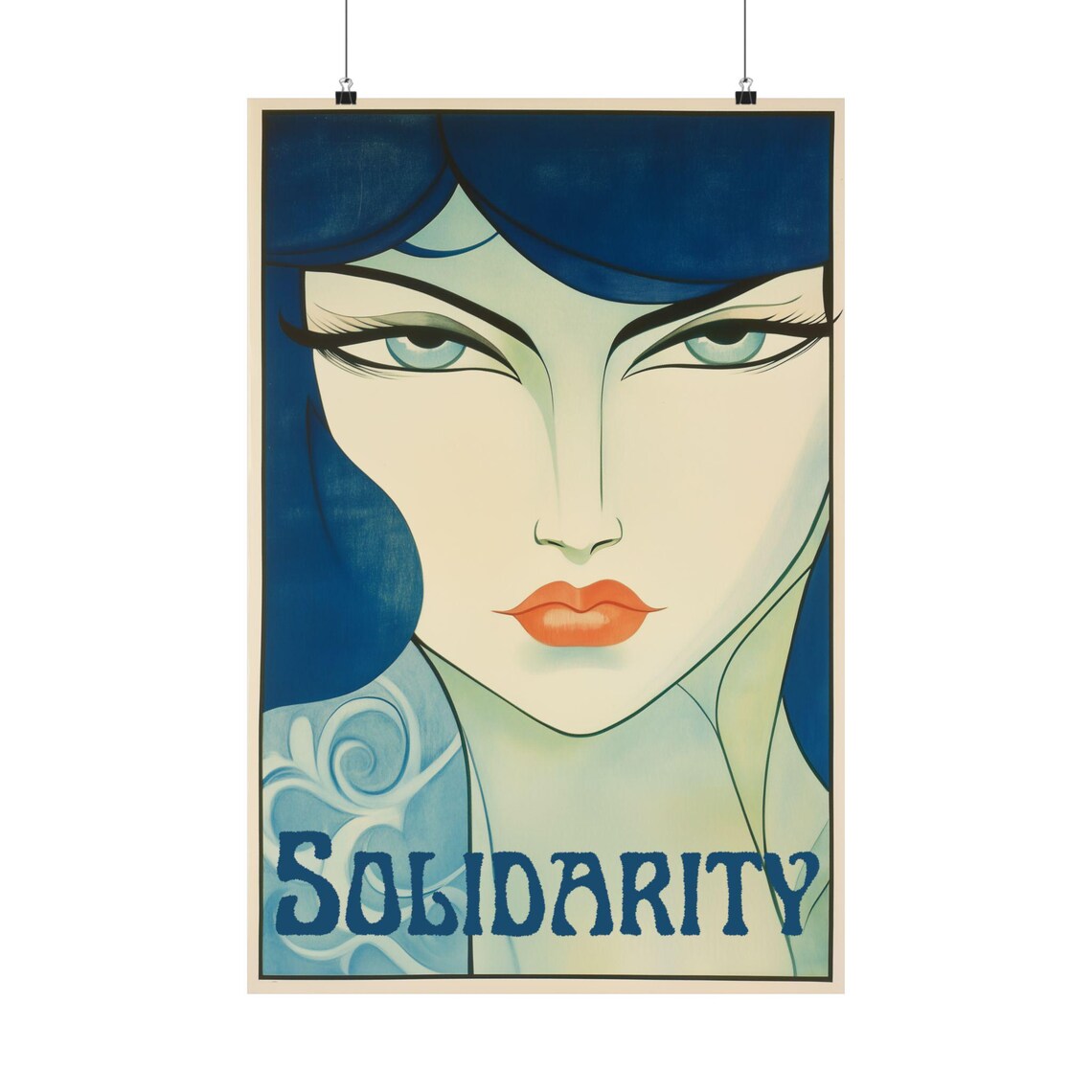 Solidarity Blue Art Deco Woman Face Vintage Labor Rights Poster Art
