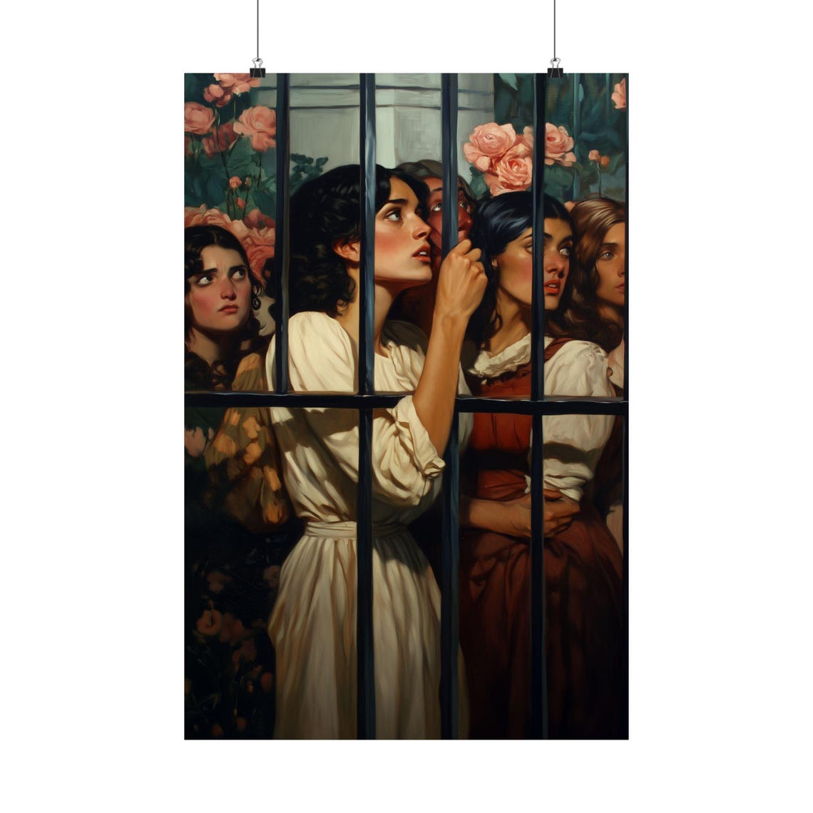 Women Behind Iron Gate Roses Vintage Classical Painting Poster