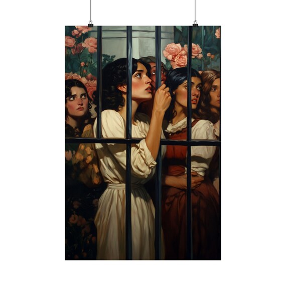 Women Behind Iron Gate Roses Vintage Classical Painting Poster