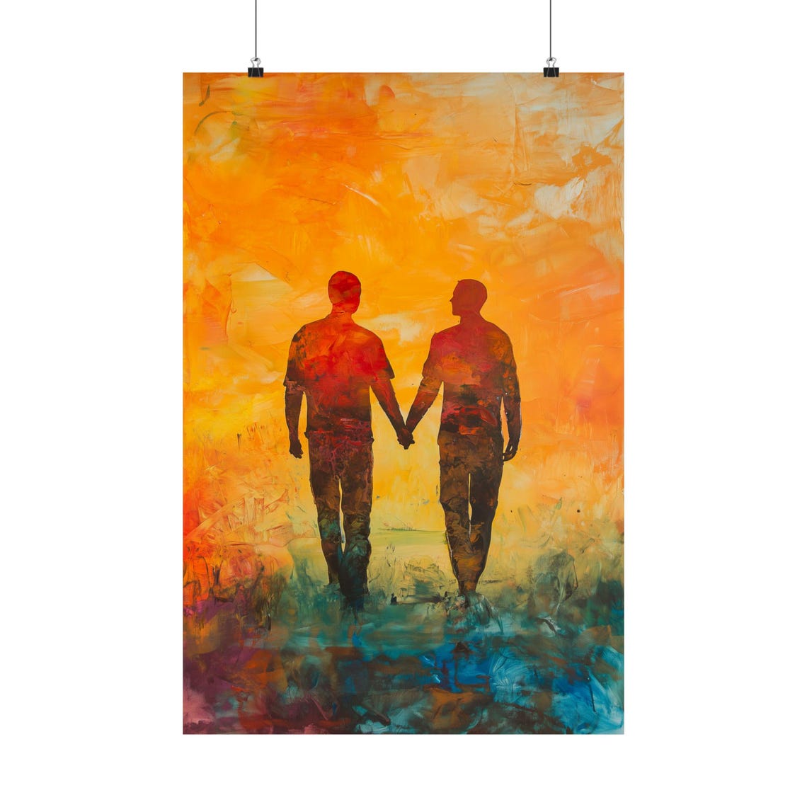 Two Men Holding Hands Sunset Painterly Love Tender Art Poster