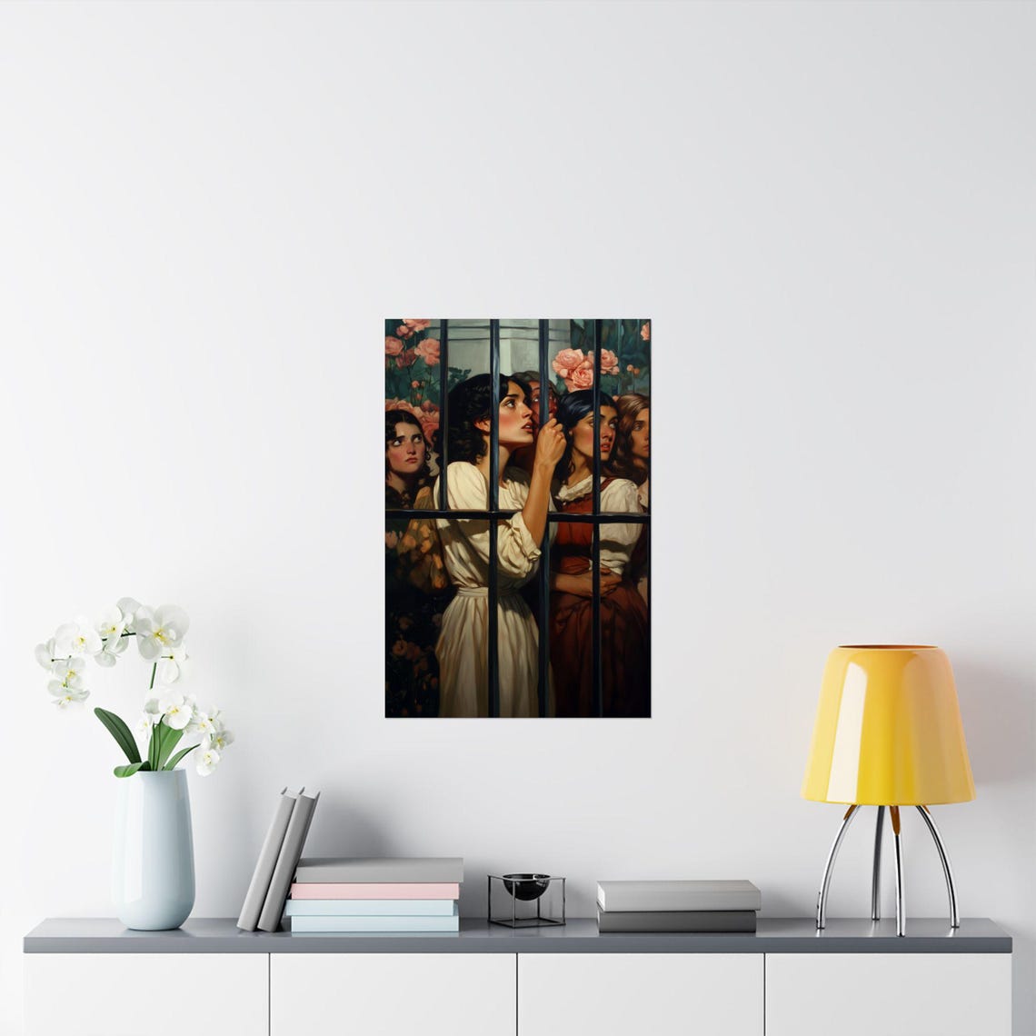 Women Behind Iron Gate Roses Vintage Classical Painting Poster - Image 2