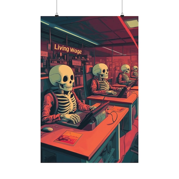 Living Wage Skeleton Office Workers Dark Humor Overwork Satire Art Poster