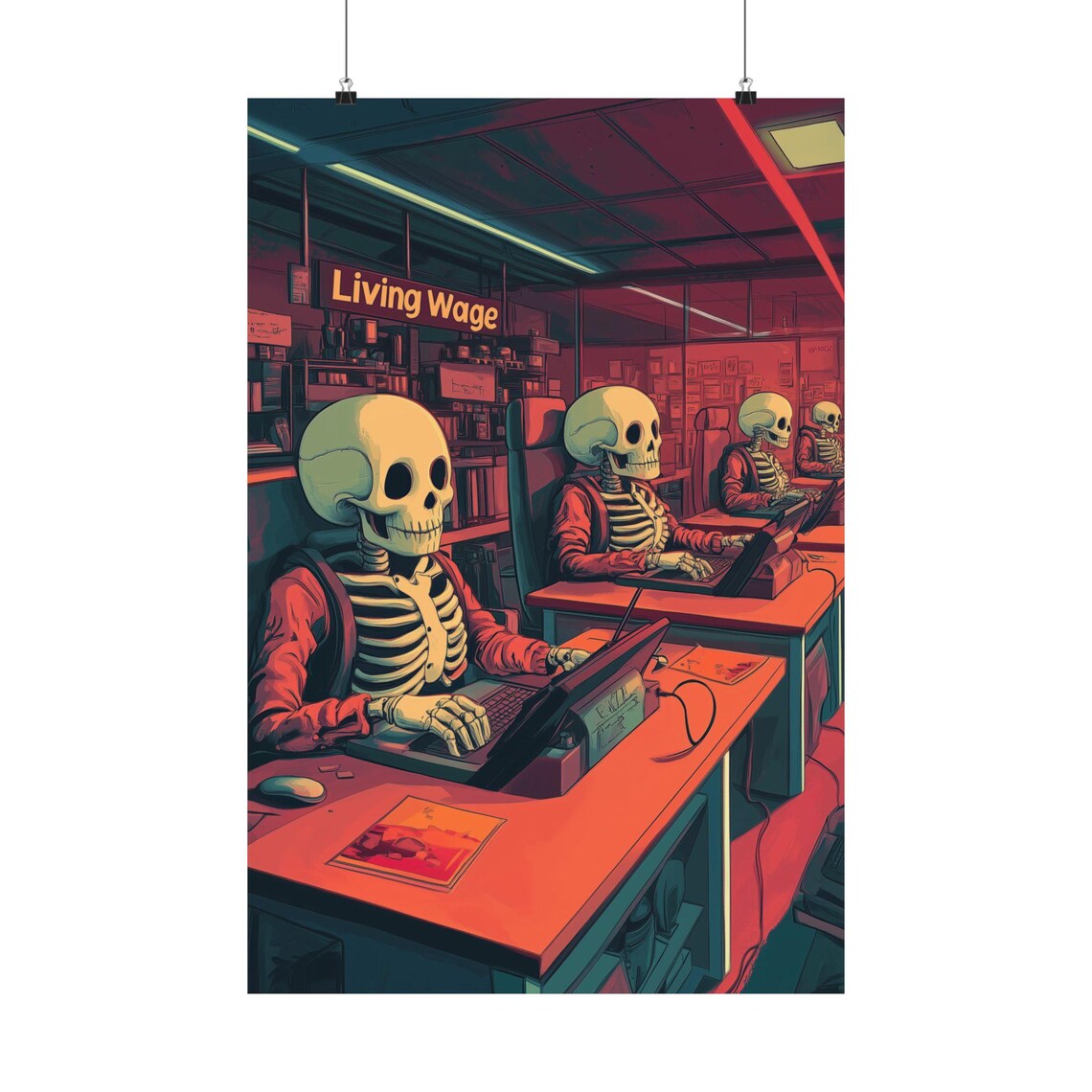 Living Wage Skeleton Office Workers Dark Humor Overwork Satire Art Poster