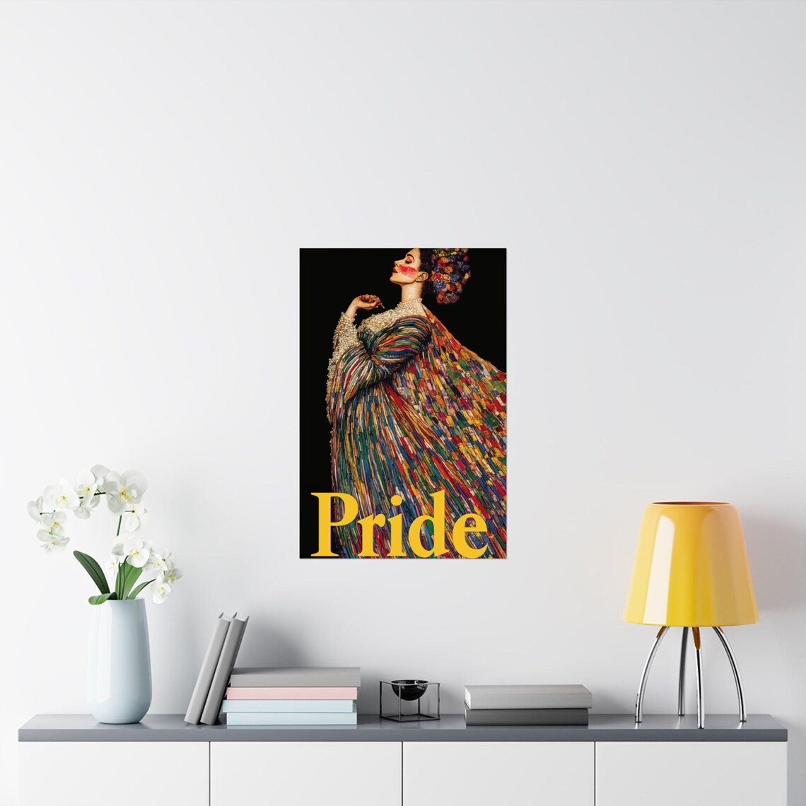 Pride Elegant Woman Rainbow Brushstroke Gown Dark Background Poster - Image 2