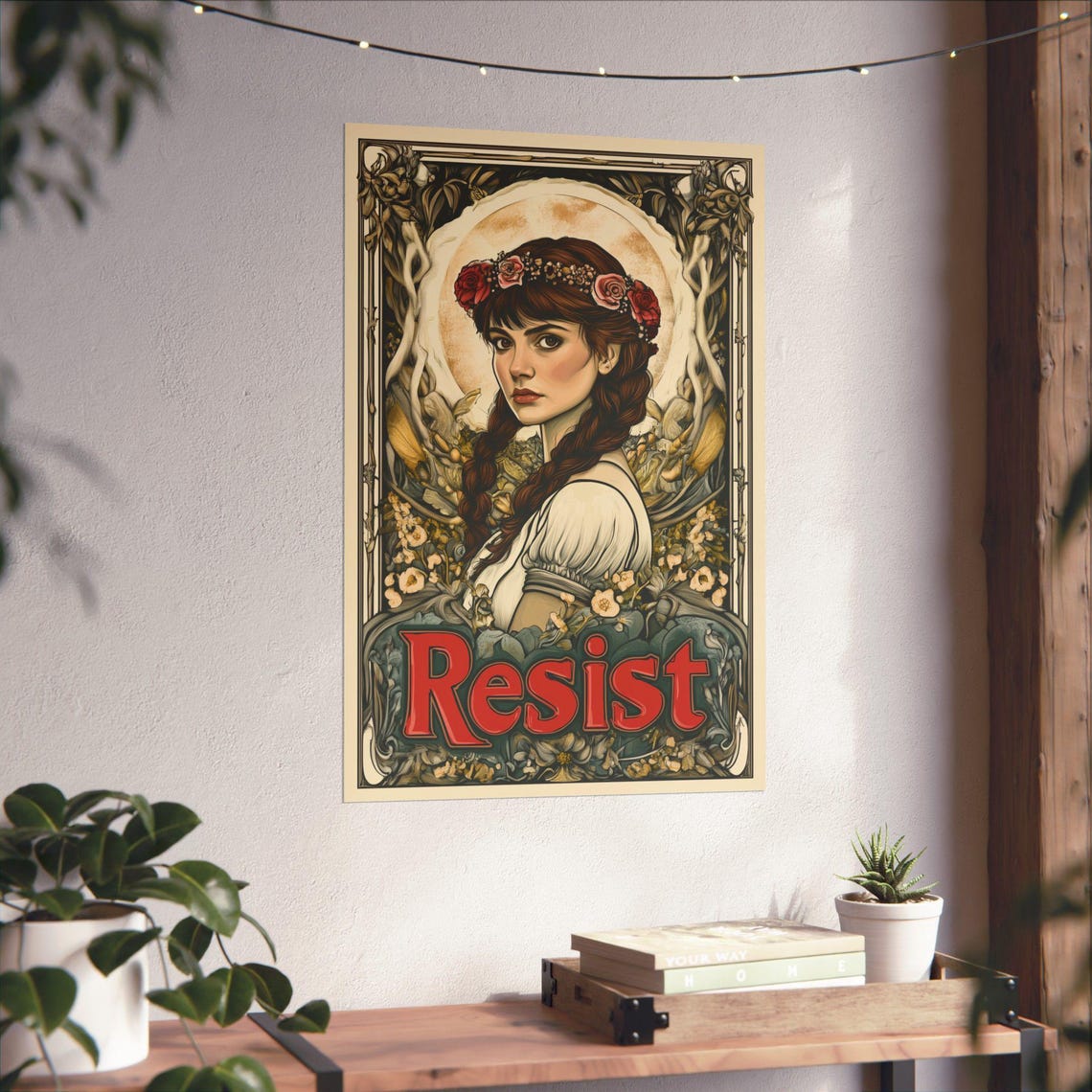 Resist Art Nouveau Rose Crown Woman Vintage Floral Boho Art Poster - Image 4