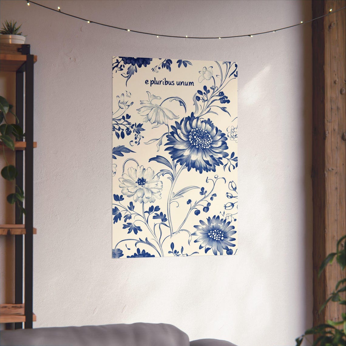 Elegant E Pluribus Unum Blue White Floral Botanical Unity Poster - Image 3