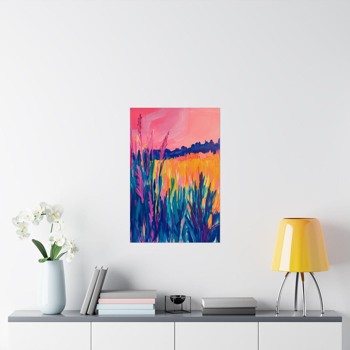 Bright Prairie Pink Sunset Teal Grasses Impressionist Field Print - Image 2
