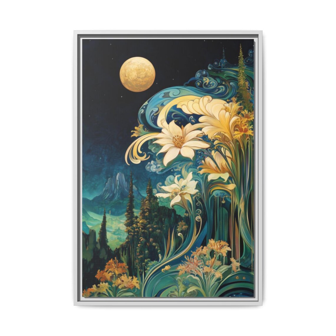 Floral Moon Night Garden Art Nouveau Flowers Surreal Style Poster