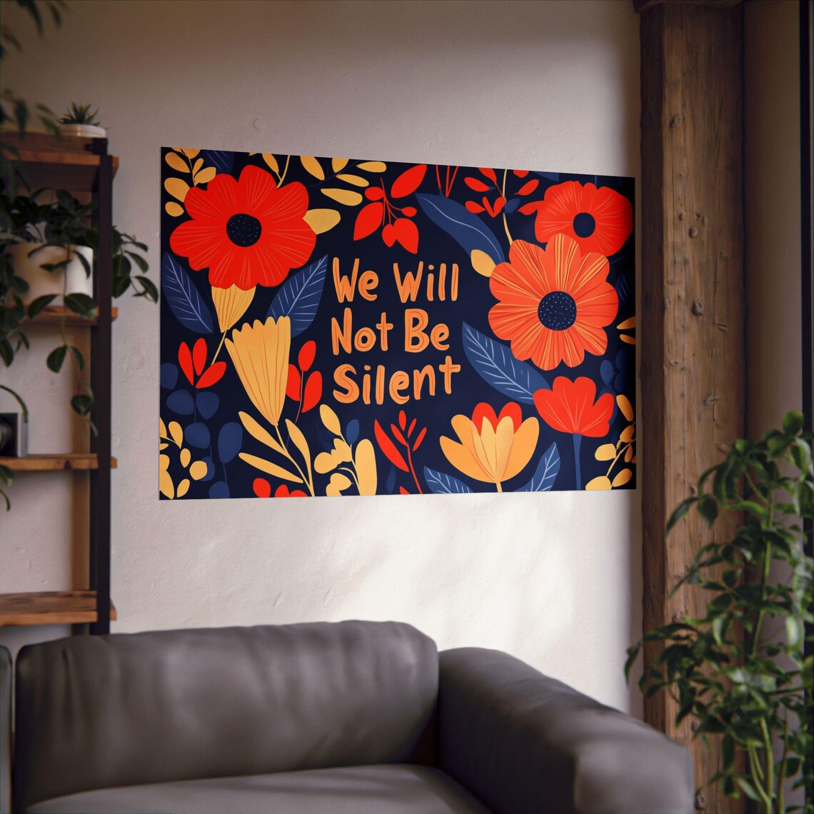 We Will Not Be Silent Orange Floral Navy Quote Botanical Poster - Image 2