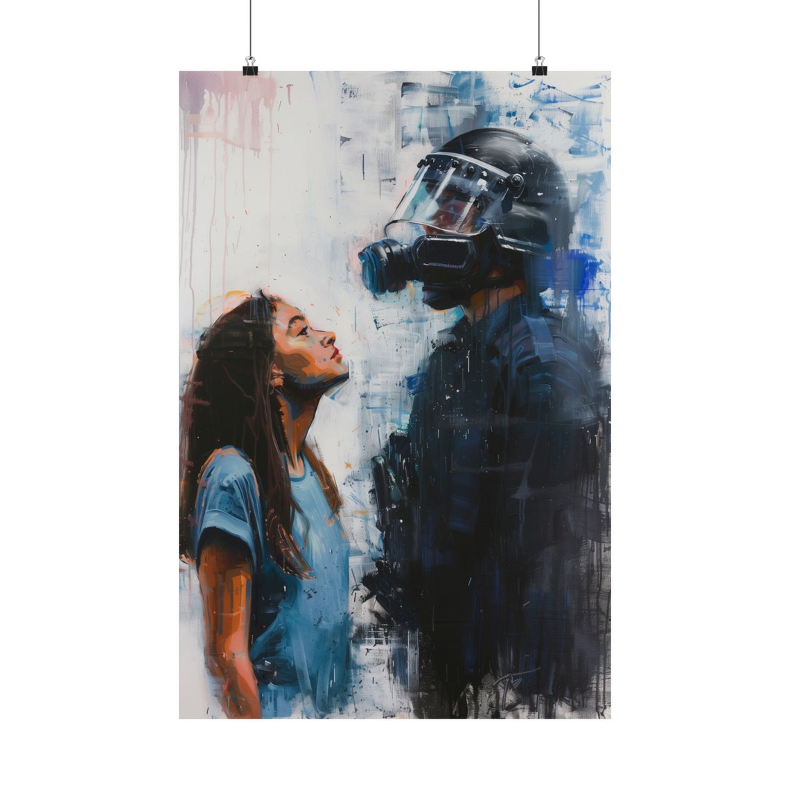 Woman Facing Riot Officer Gas Mask Expressive Painted Art Poster