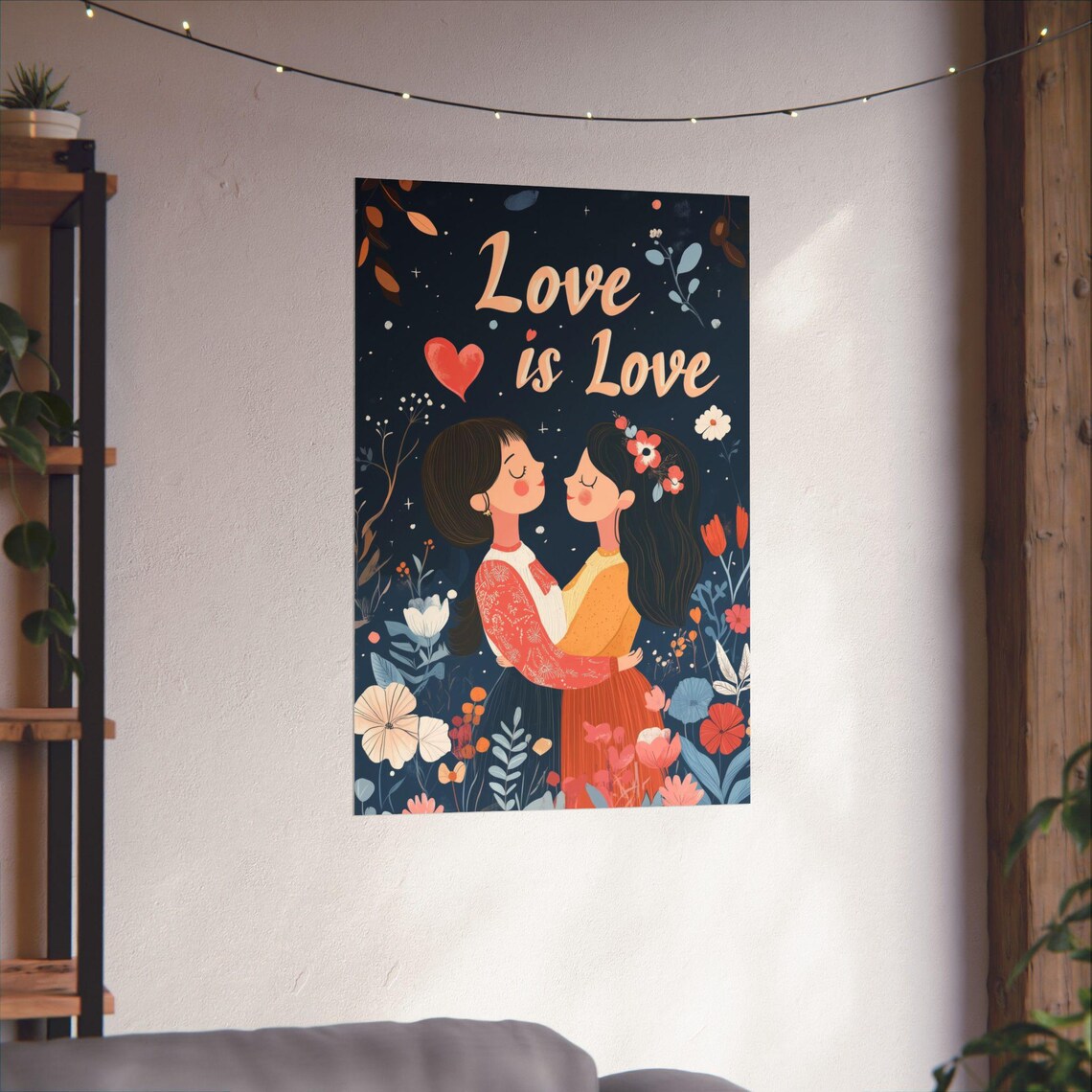 Love Is Love Lesbian Couple Floral Starry Night Embrace Poster - Image 4