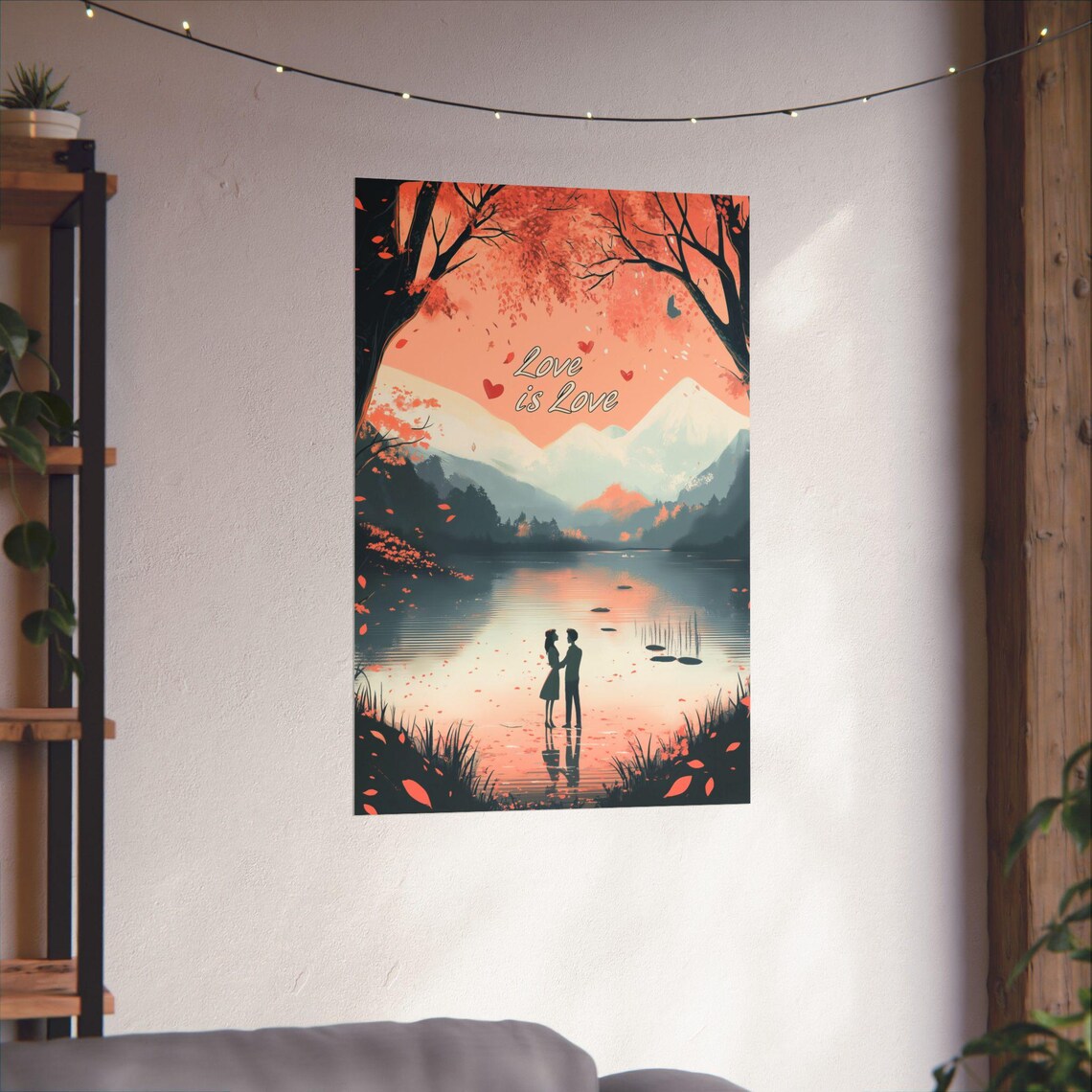 Love Is Love Couple Silhouette Lake Cherry Blossoms Mountain Poster - Image 4