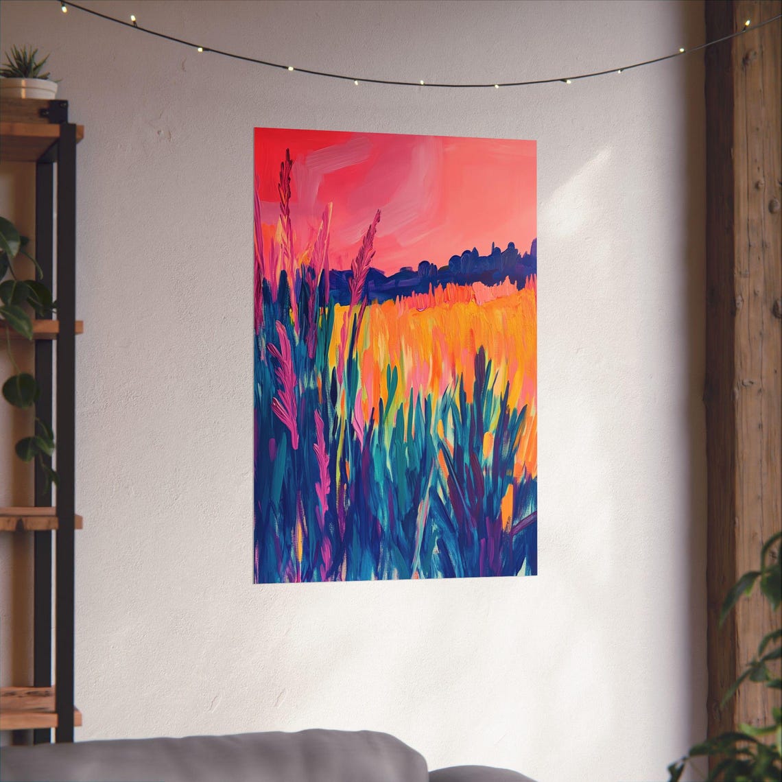 Bright Prairie Pink Sunset Teal Grasses Impressionist Field Print - Image 4