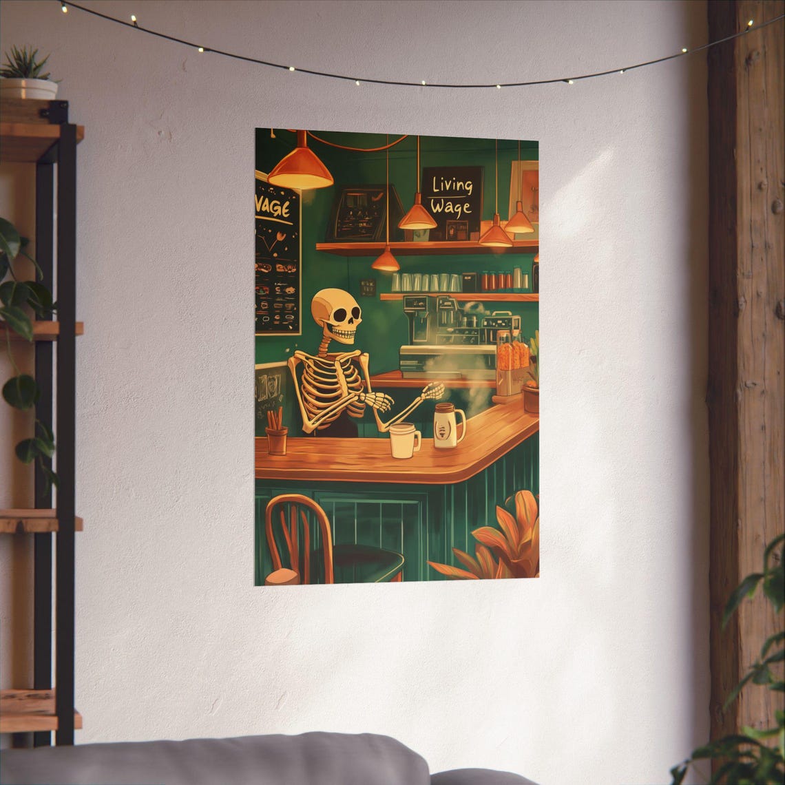 Skeleton Barista Coffee Bar Living Wage Funny Cafe Art Poster - Image 4