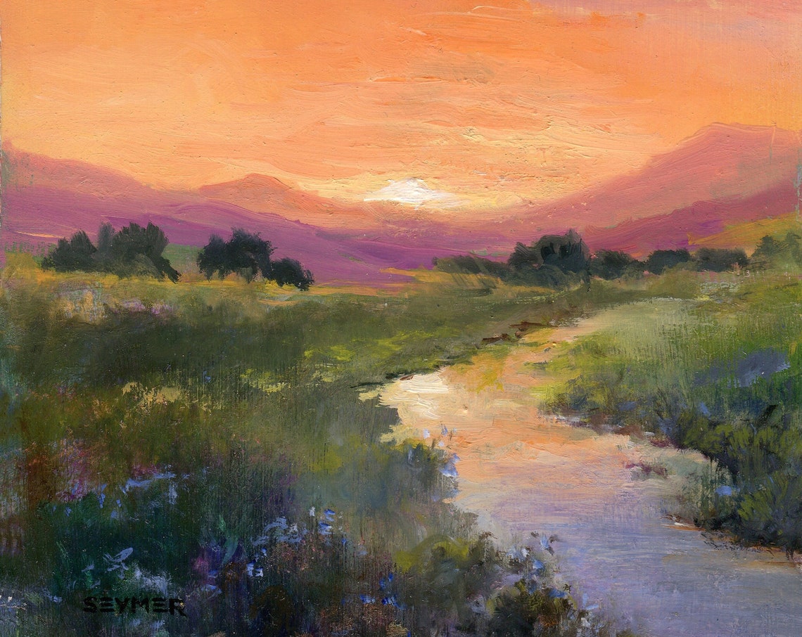 Vintage Sunset Valley With Winding River And Pink Mountains Poster