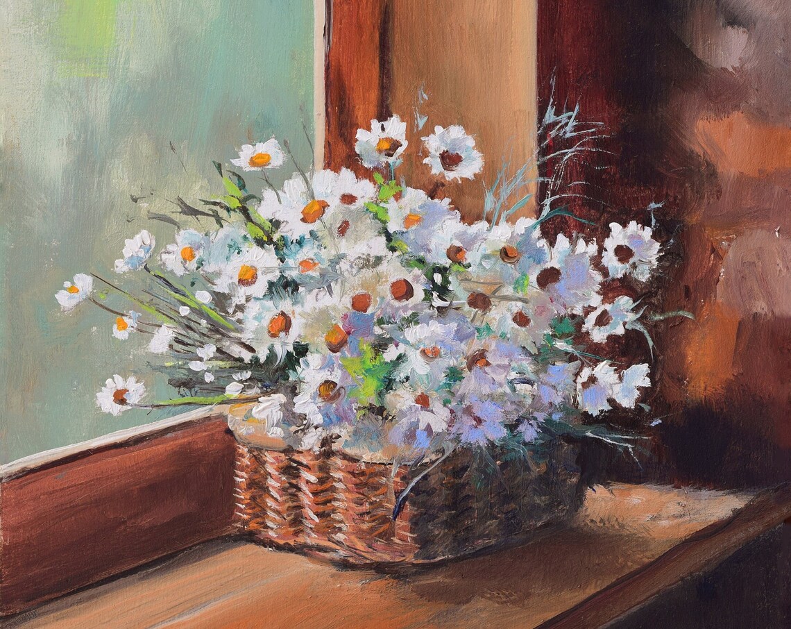 Woven Basket of White Daisies on a Rustic Wooden Table Poster