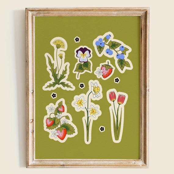 Springtime Flowers Illustration Art Print Colorful Wall Whimsical Home Decor