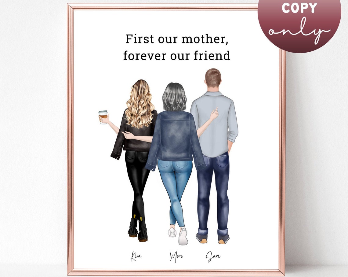 Mother With Daughter and Son Back View Family Custom Illustration Poster