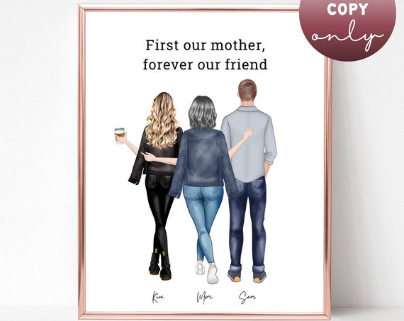 Mother With Daughter and Son Back View Family Custom Illustration Poster