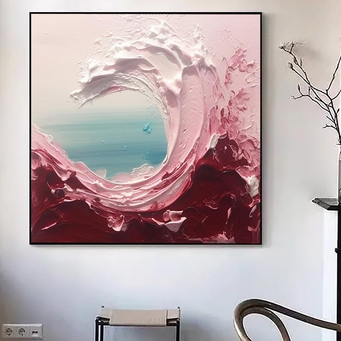 Pink Red Ocean Wave Circle Teal Sea Center Impasto Square Poster