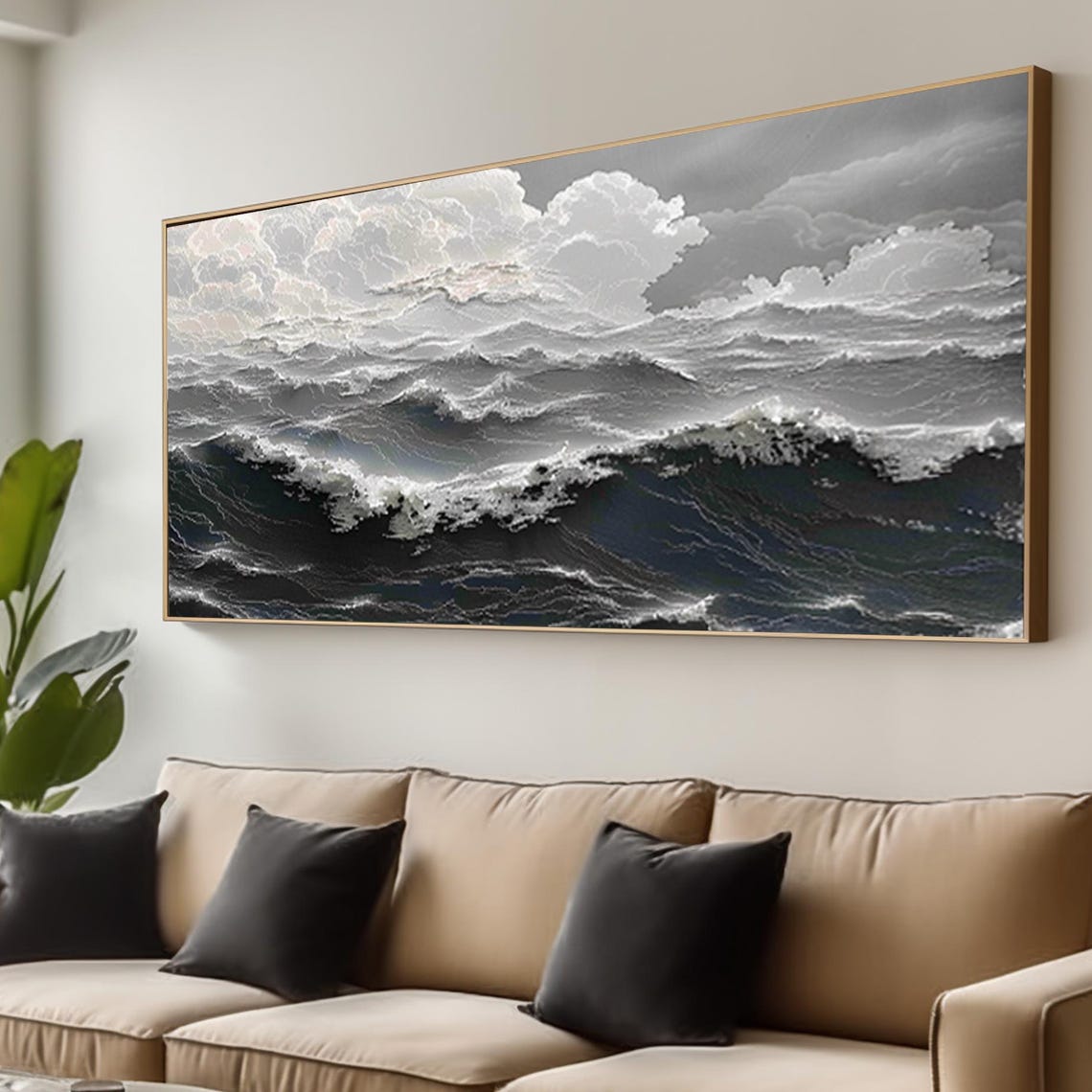 Stormy Black White Ocean Rolling Waves Dramatic Panoramic Sea Poster - Image 4