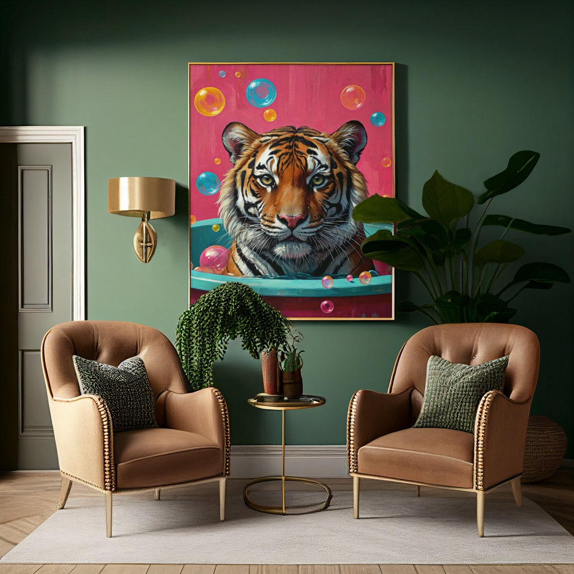 Colorful Tiger Wall Art Vibrant Bubble Art Hyper Realistic Tiger In Bathtub Bold Animal Print Unique Home Decor - Image 3