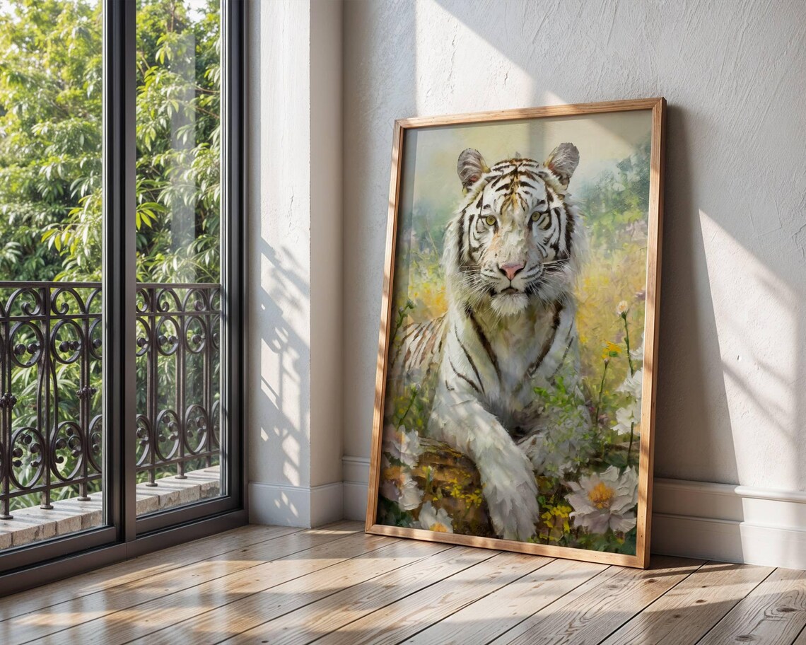 White Tiger Resting Among Flowers Majestic Wildlife Oil Painting Poster - Image 3