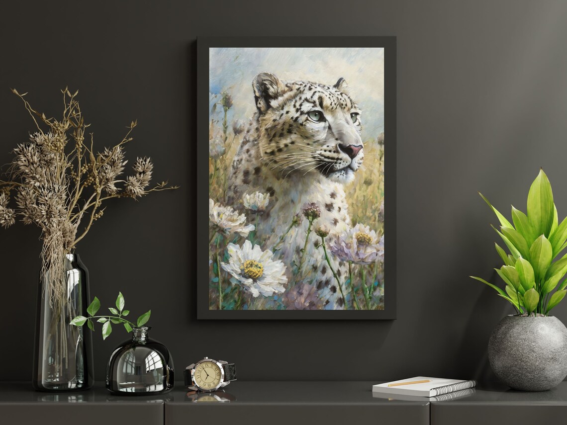 Snow Leopard Among Wildflowers Elegant Wildlife Oil Painting Art Poster - Image 4