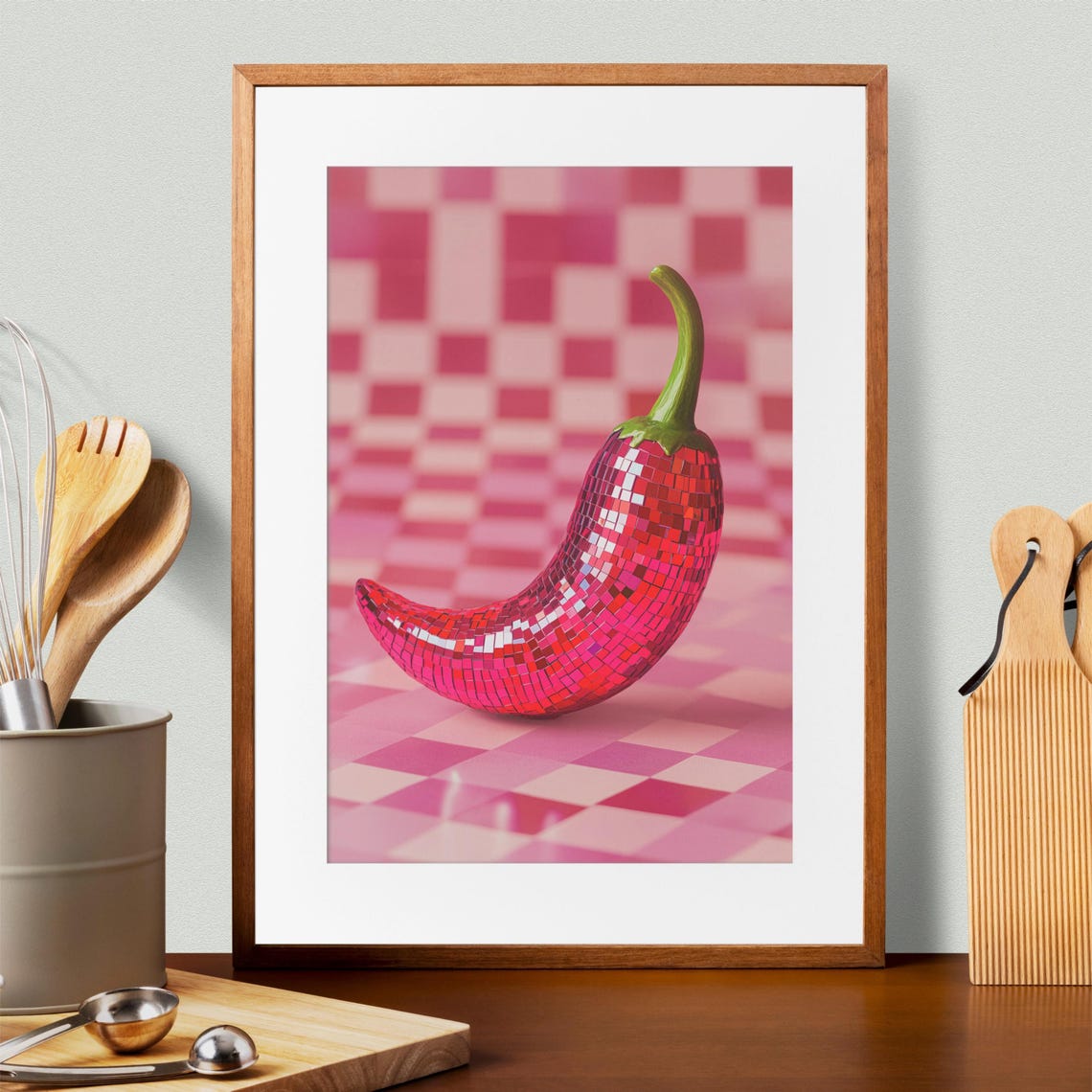 Disco Mosaic Red Chili Pepper On Pink Checkered Pop Art Poster - Image 3