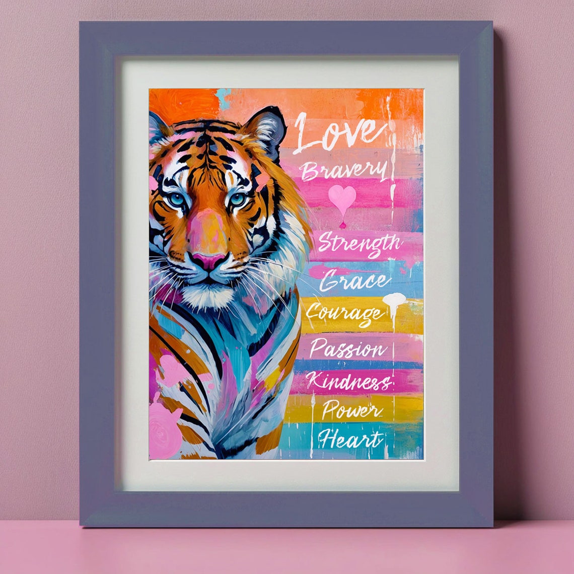 Colorful Tiger With Love Bravery Strength Words Motivational Poster - Image 2