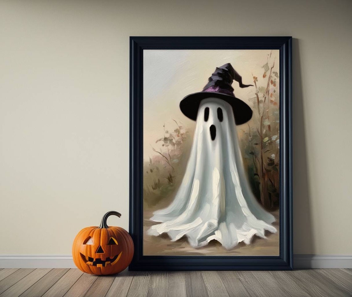 Vintage Ghost Wearing A Witch Hat Cute Painterly Halloween Poster - Image 2