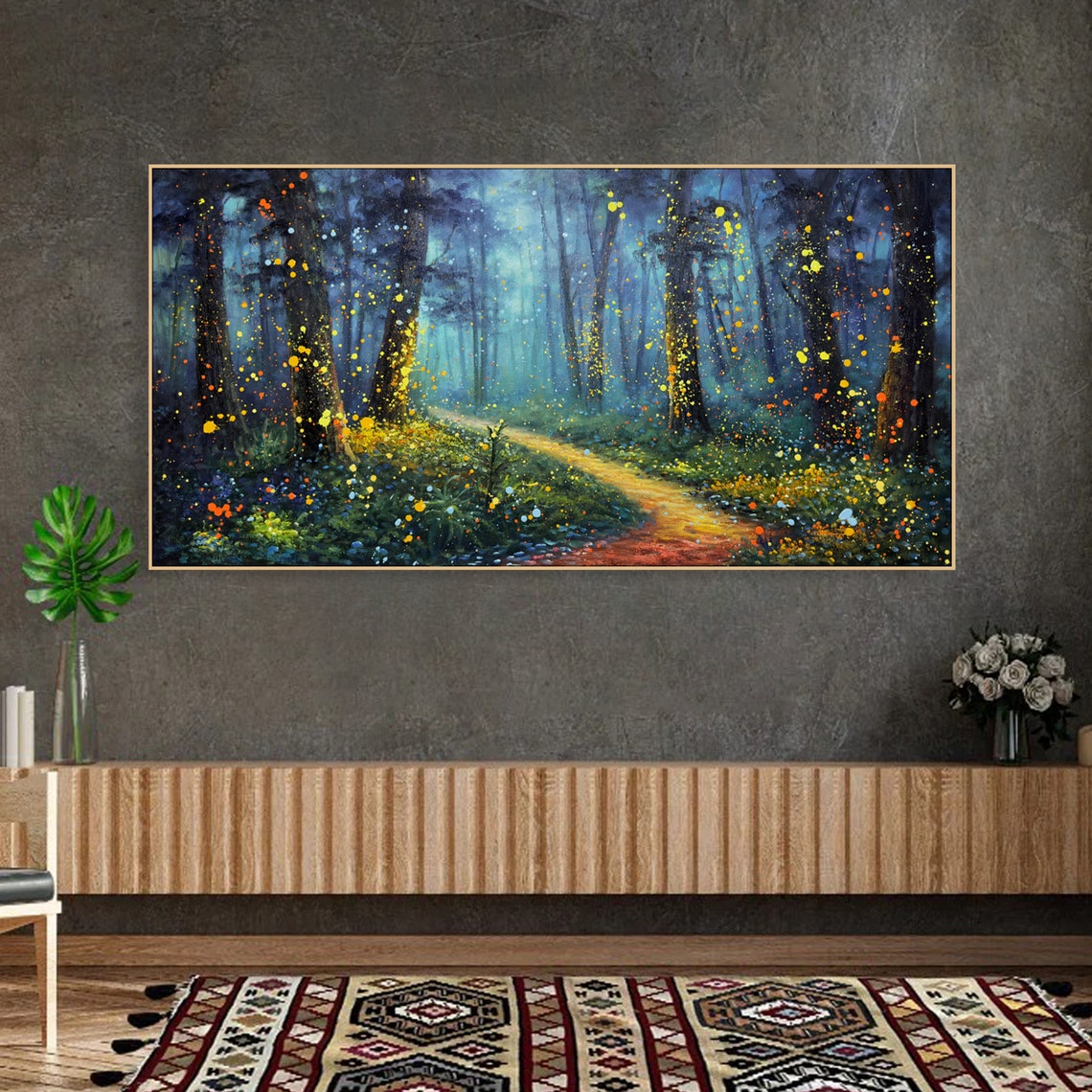 Firefly Forest Night Glowing Path Textured Oil Painting Travel Poster - Image 2