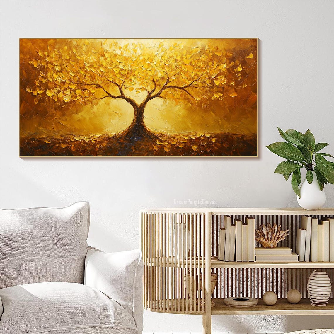 Golden Tree Of Life Oil Painting 3d Vibrant Yellow Textured Abstract Art Nature Wall Art Elegant Landscape Painting Living Room Decor - Image 2