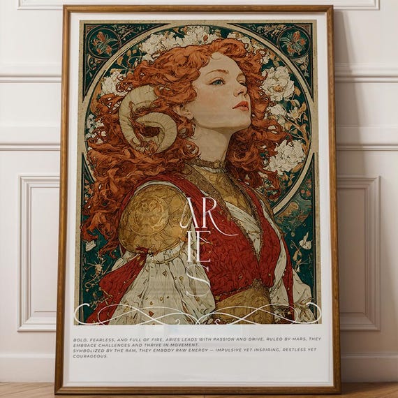 Aries Zodiac Art Nouveau Poster Mucha Style Astrology Print