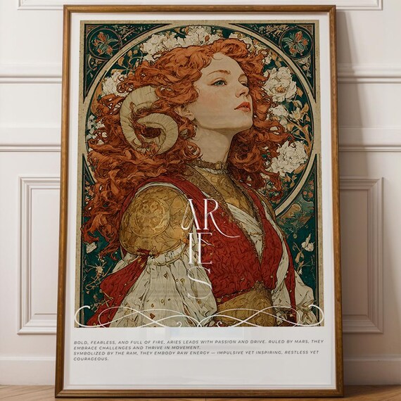 Aries Zodiac Goddess Art Nouveau Mucha Style Astrology Poster