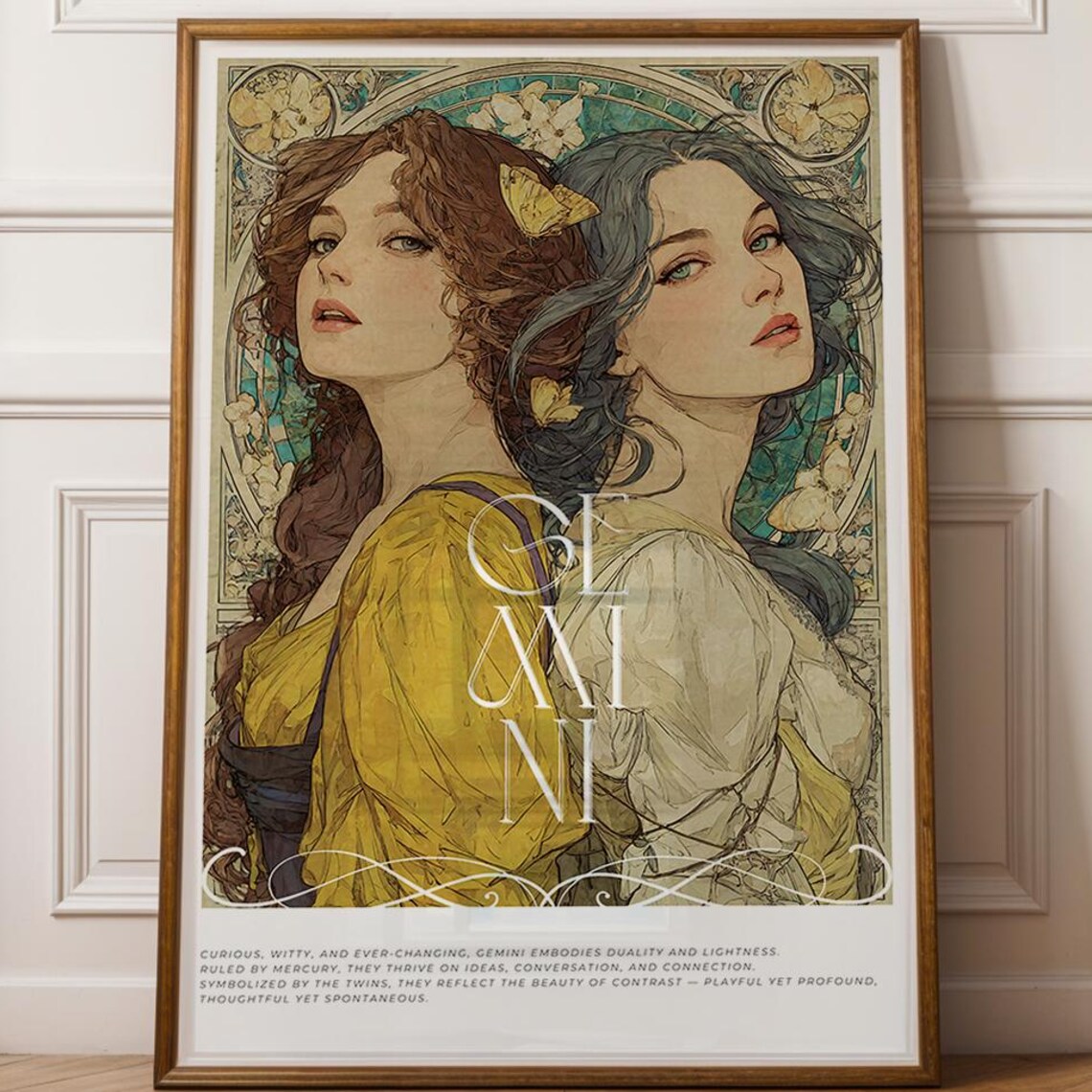 Gemini Zodiac Sign Astrology Poster, Mucha Inspired