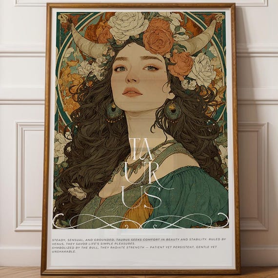 Taurus Wall Art Zodiac Astrology Print Alphonse Mucha Style Illustration