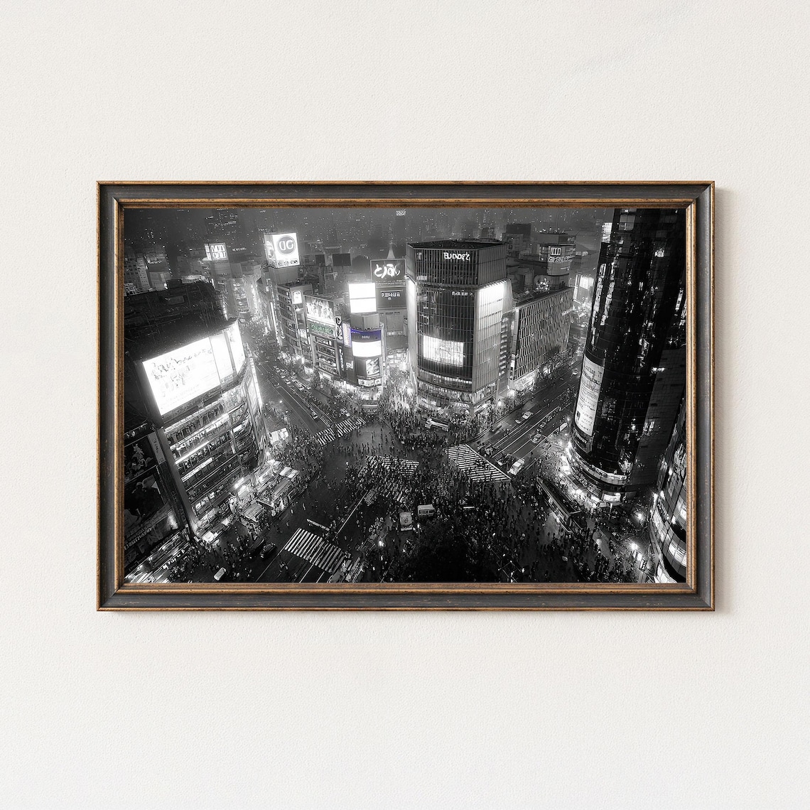 Tokyo Shibuya Crossing Night Crowd Aerial Black and White City Poster
