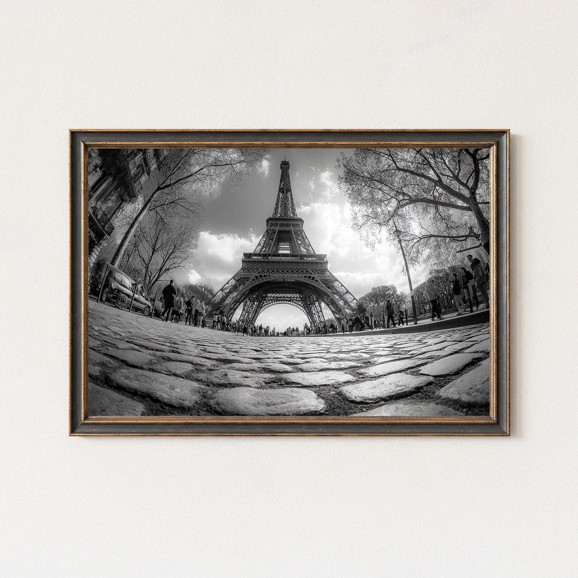 Eiffel Tower Paris Cobblestone Plaza Black White Fisheye Photo Poster