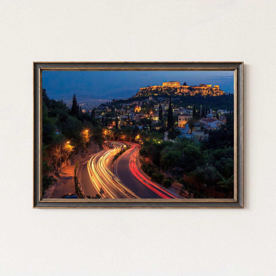 Athens Acropolis Night Winding Road Light Trails Greece Poster