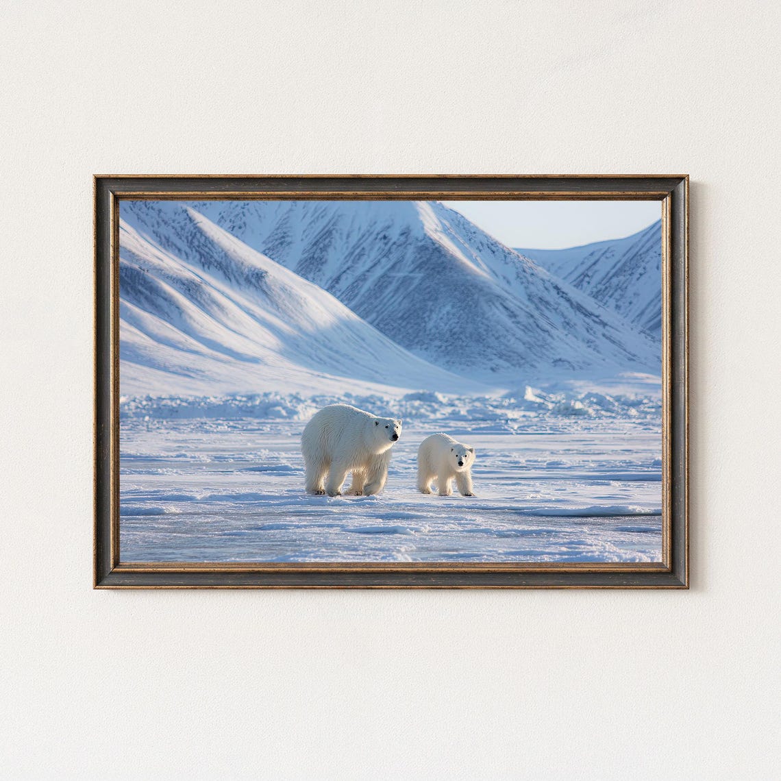 Polar Bear Mother and Cub Arctic Sea Ice Mountain Photo Poster