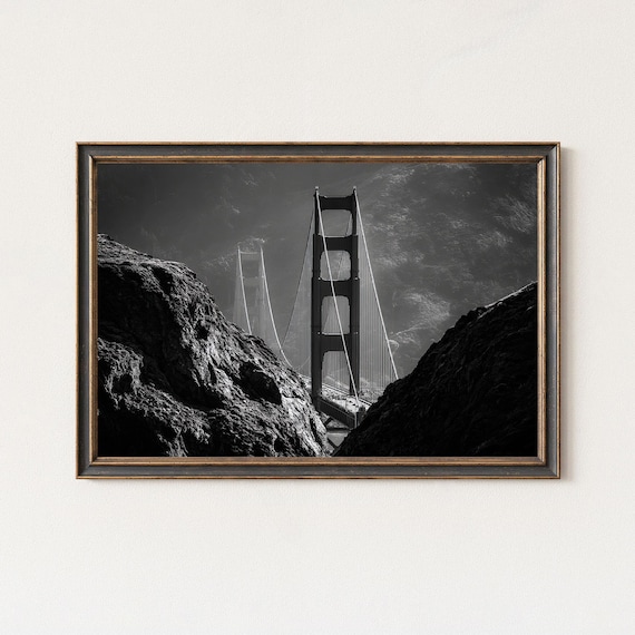 Golden Gate Bridge Between Rocky Cliffs Black and White Poster