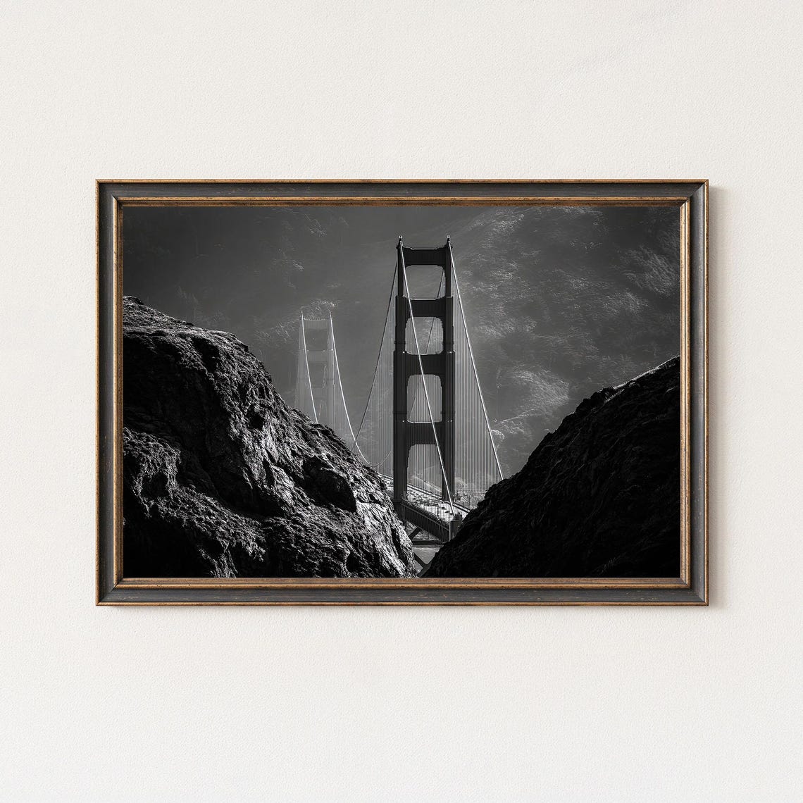 Golden Gate Bridge Between Rocky Cliffs Black and White Poster