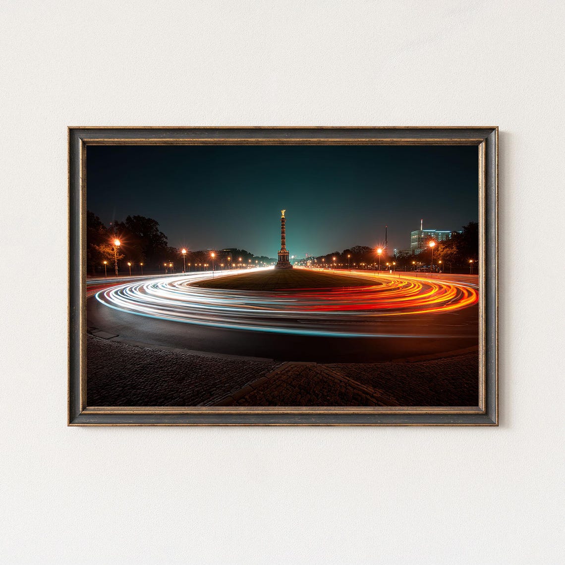 Berlin Victory Column Night Panorama Colorful Light Trails Poster