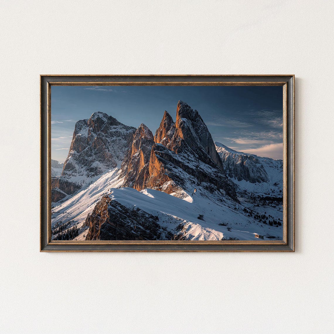 Snowy Seceda Peaks at Dawn Winter Italian Alps Photography Poster
