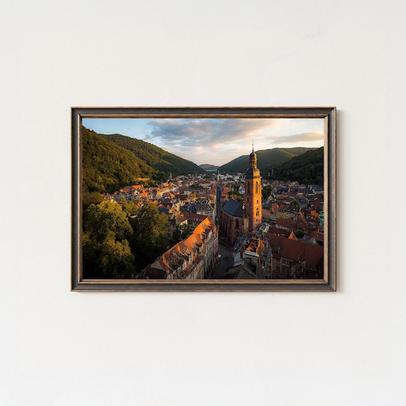 Heidelberg Old Town Golden Hour Aerial Church Red Roofs Germany Poster