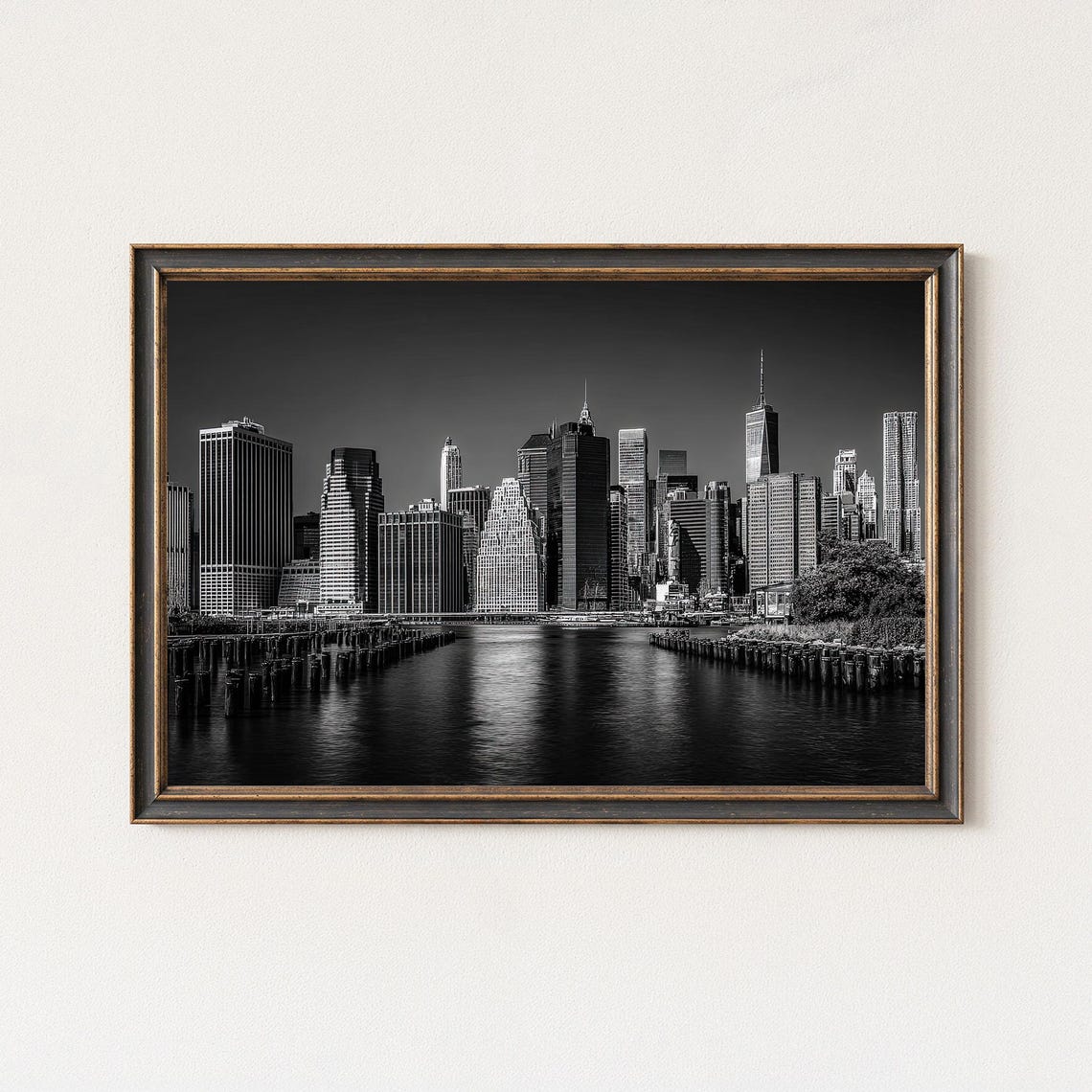 New York City Skyline Night Black and White Lower Manhattan Poster