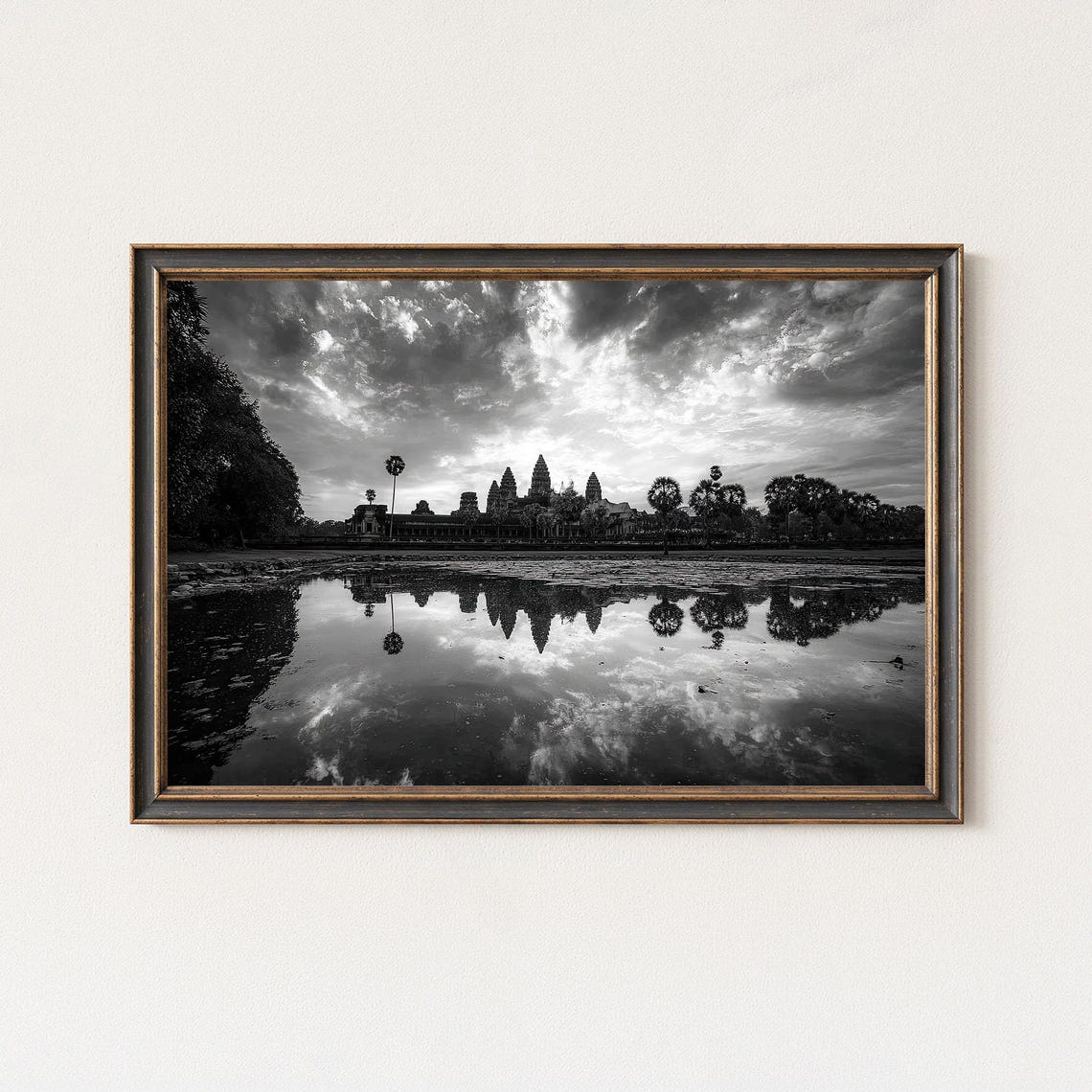 Angkor Wat Temple Water Reflection Black And White Photo Print