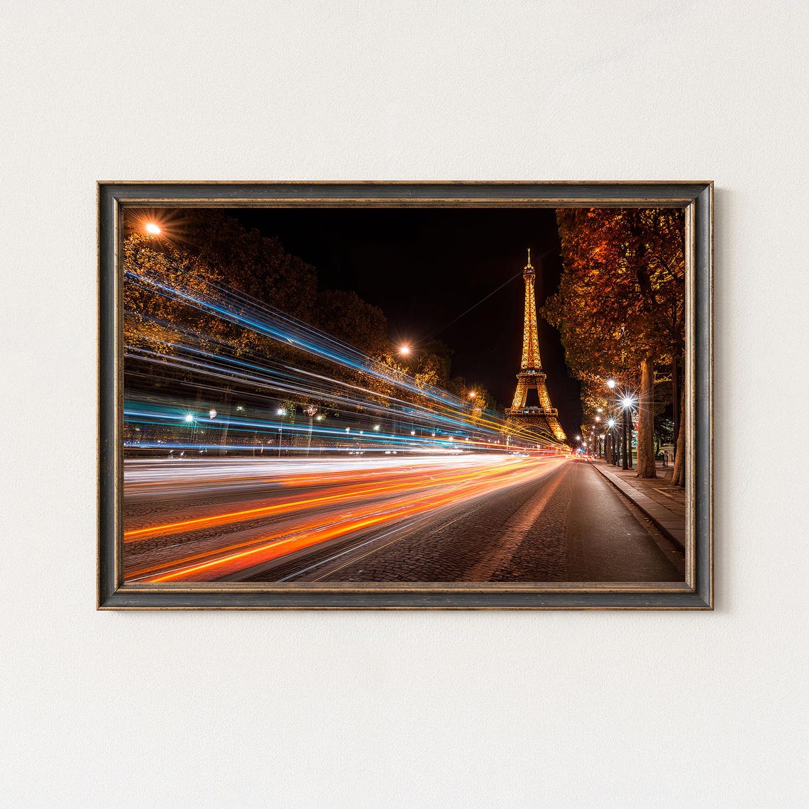Paris Eiffel Tower Night Light Trails City Street Photo Poster